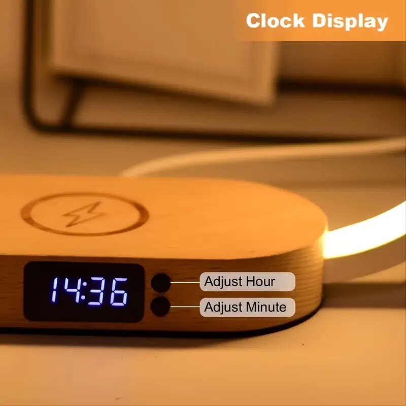 Wireless Charger Pad Stand Clock and LED Desk Lamp with USB charging