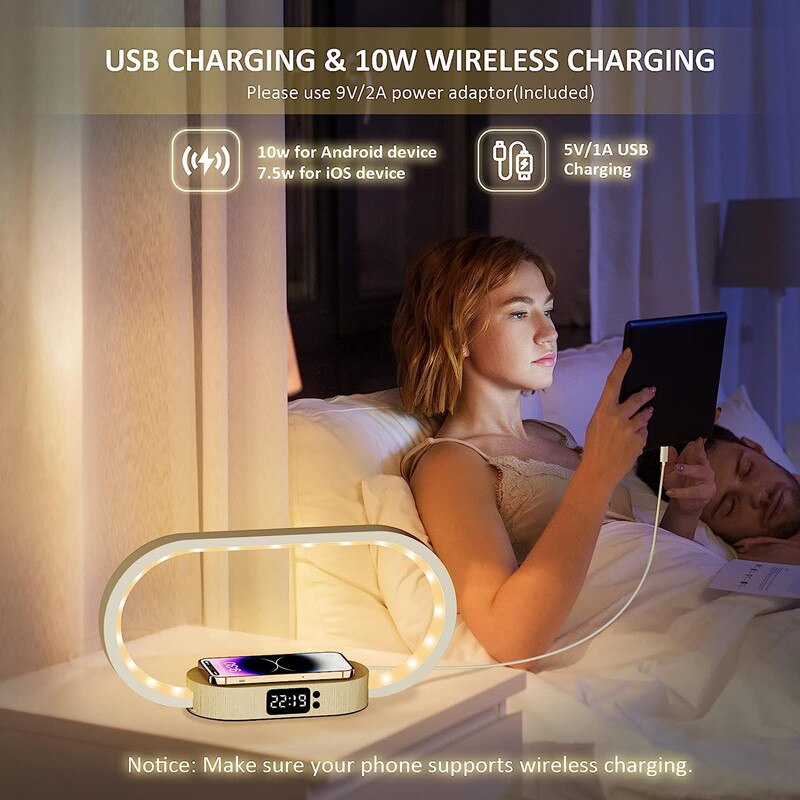 Wireless Charger Pad Stand Clock and LED Desk Lamp with USB charging